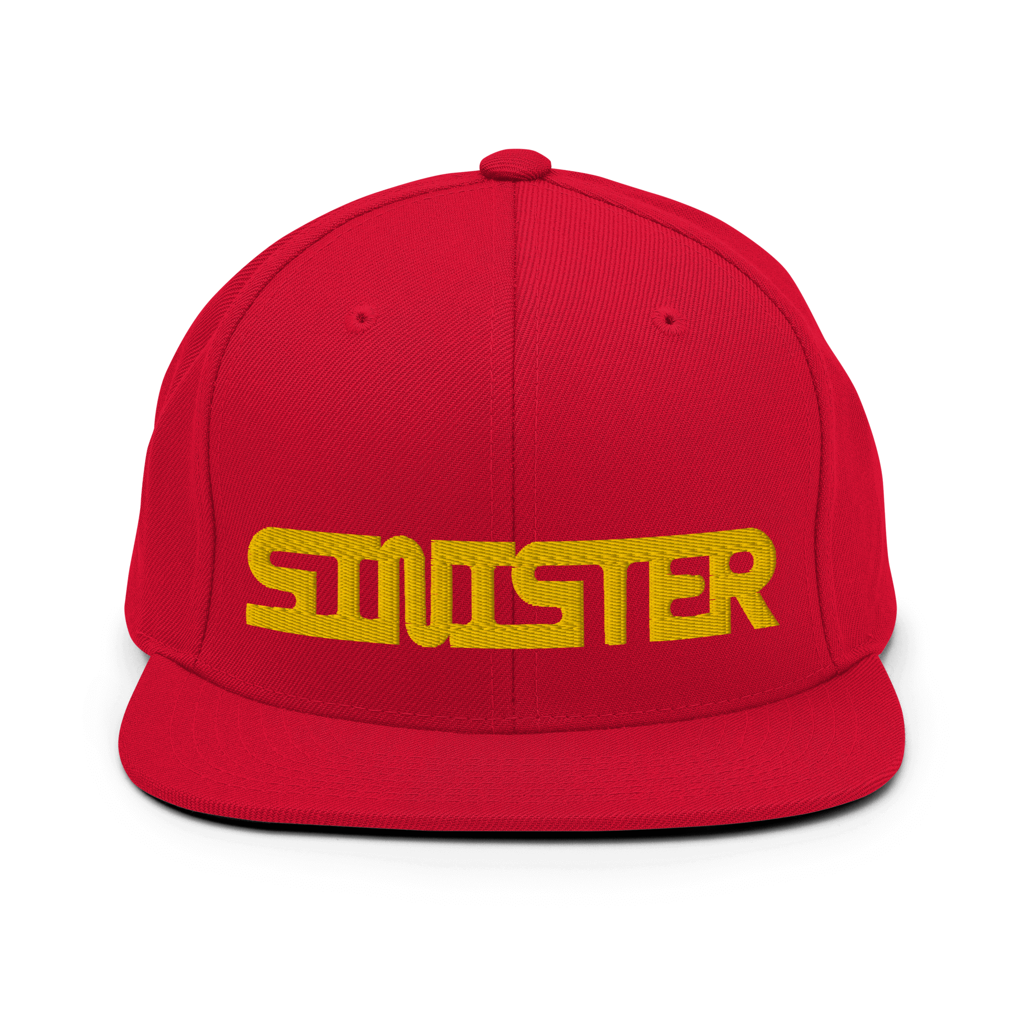 Sinister Snapback CapUnleash your dark style with the Sinister Snapback Cap – a classic fit, flat brim, and full buckram structure that commands attention. The adjustable snap closure ensures a comfortable, one-size-fits-most fit. Crafted exclusively for