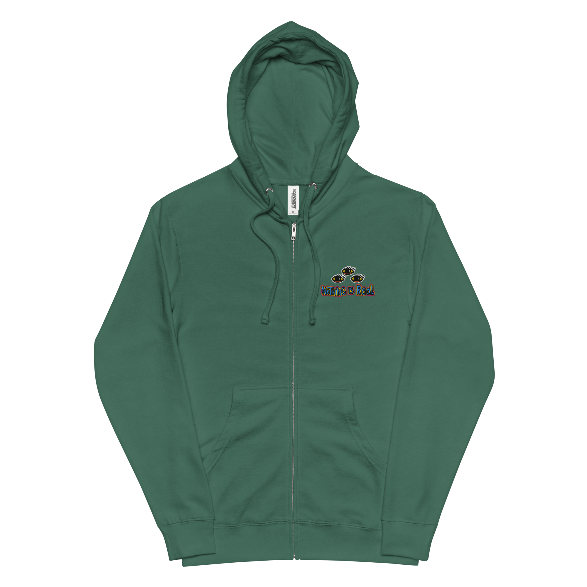 Nothing Is Real Embroidery Zip Up HoodieDive into surreal comfort with the Nothing Is Real Embroidery Zip Up Hoodie. Crafted from soft, premium-quality fleece and featuring a jersey-lined hood, this unisex zip-up is your cozy masterpiece. Pair it effortle